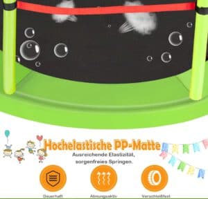 Detailaufnahme der schwarzen PP-Sprungmatte mit Elastizitätssymbolen und Eigenschaften für Kindertrampoline