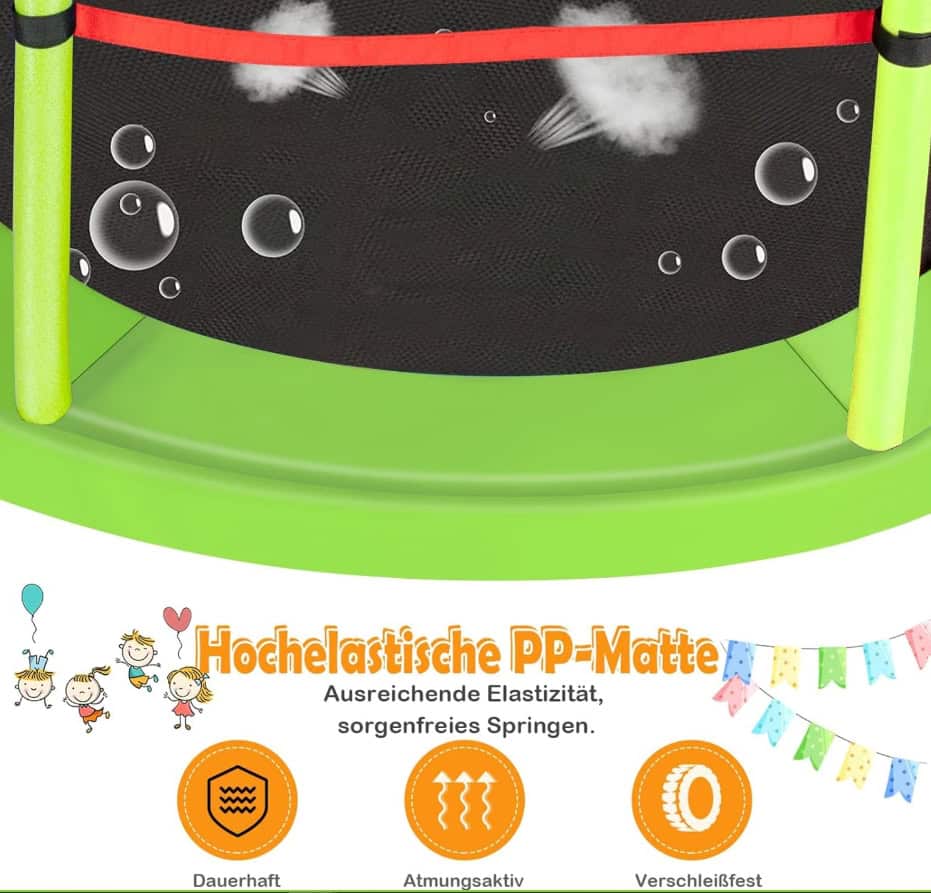 Detailaufnahme der schwarzen PP-Sprungmatte mit Elastizitätssymbolen und Eigenschaften für Kindertrampoline