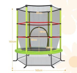 Technische Maße und Größenangaben eines Kindertrampolins mit Netz und Einstieg