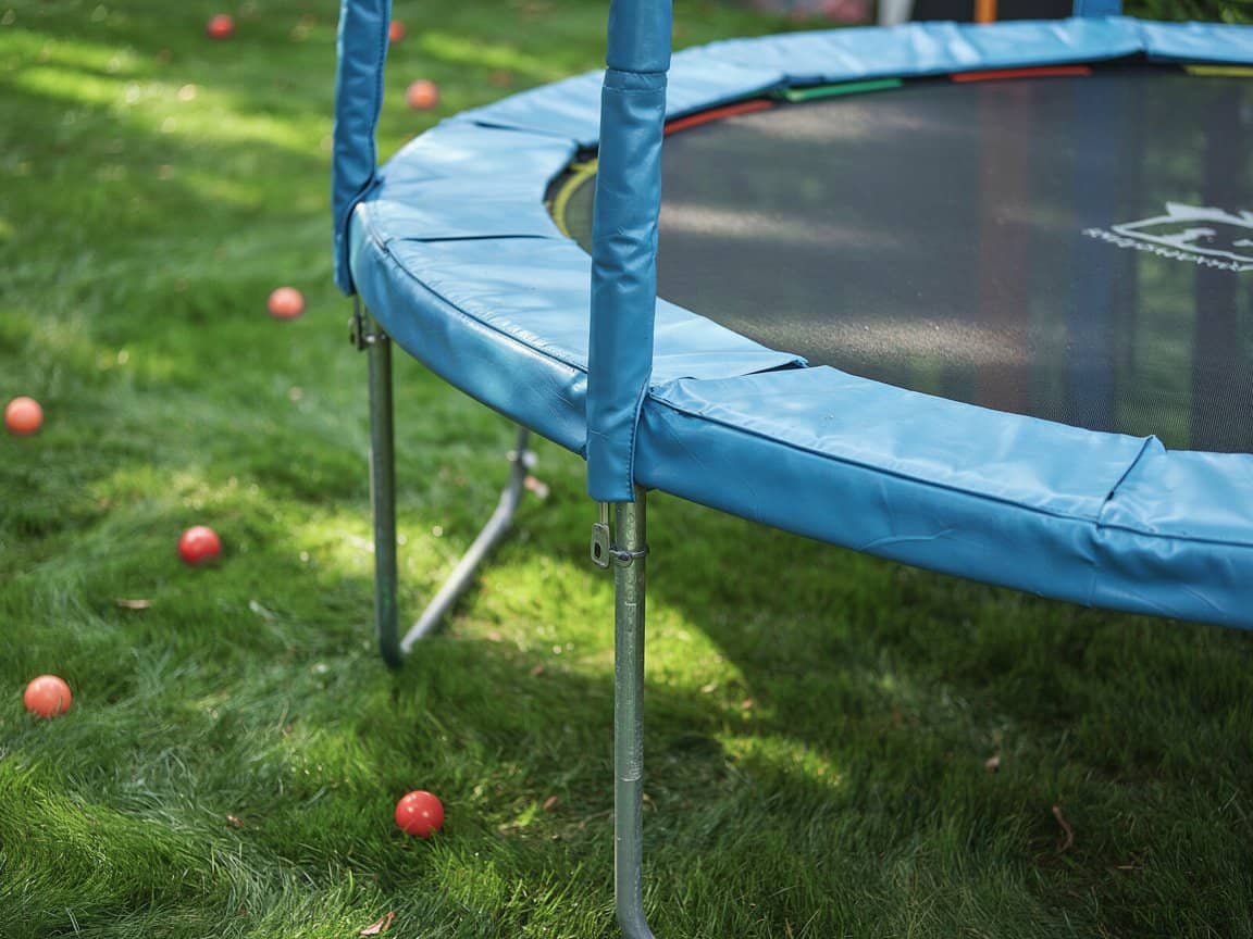 Sicherheitsdetail: gepolsterte Haltestangen am Gartentrampolin für optimalen Schutz