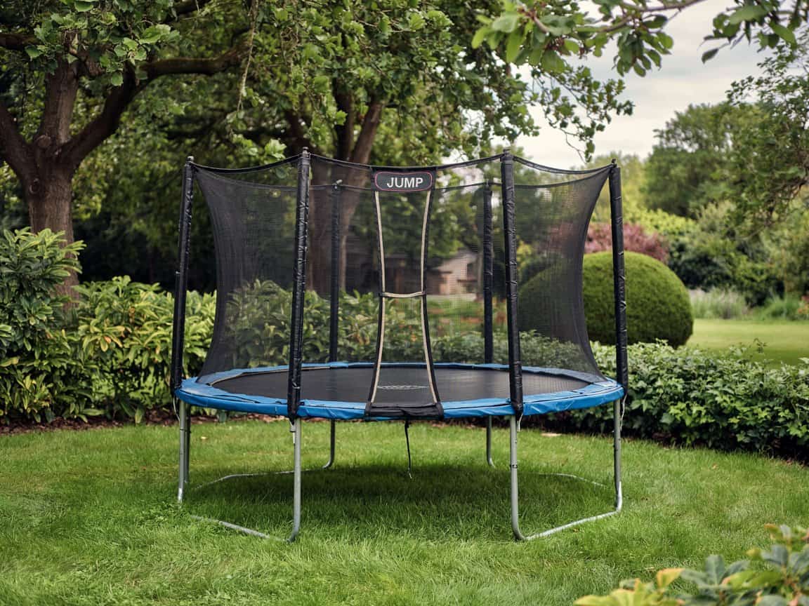 Komplettes Gartentrampolin-Setup mit Sicherheitsnetz im heimischen Garten