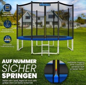 Trampolin mit blauer Randabdeckung, Netz und Infosymbolen für Sicherheit und Komfort