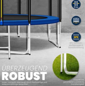 Nahaufnahme der Standfüße und Polsterung eines Trampolins auf Betonboden mit Info-Grafiken