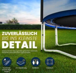 Seitliche Ansicht eines Trampolins mit Detaildarstellung von Federn und Schutznetz bei Sonnenuntergang