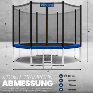 Grafik mit Trampolin-Abmessungen und Höhenangaben von Kiduku Gartentrampolin