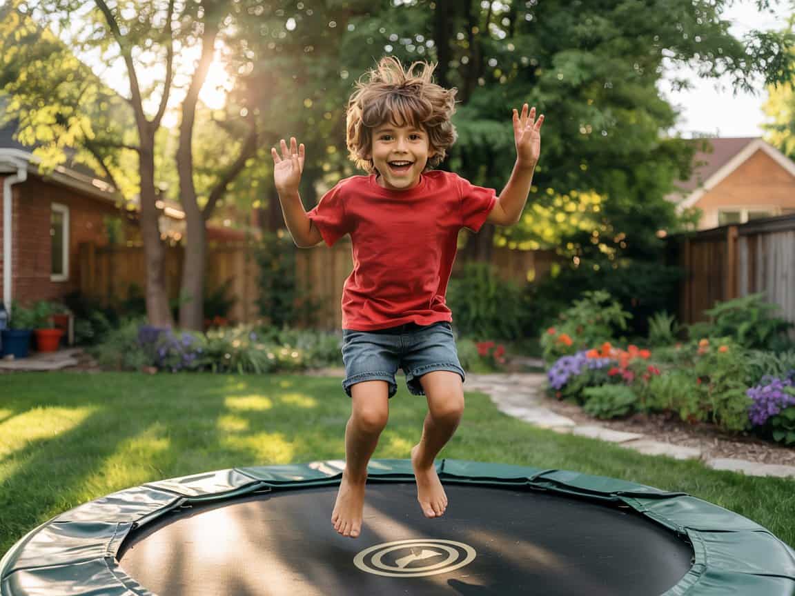 Glückliches Kind springt auf einem sicher installierten Bodentrampolin