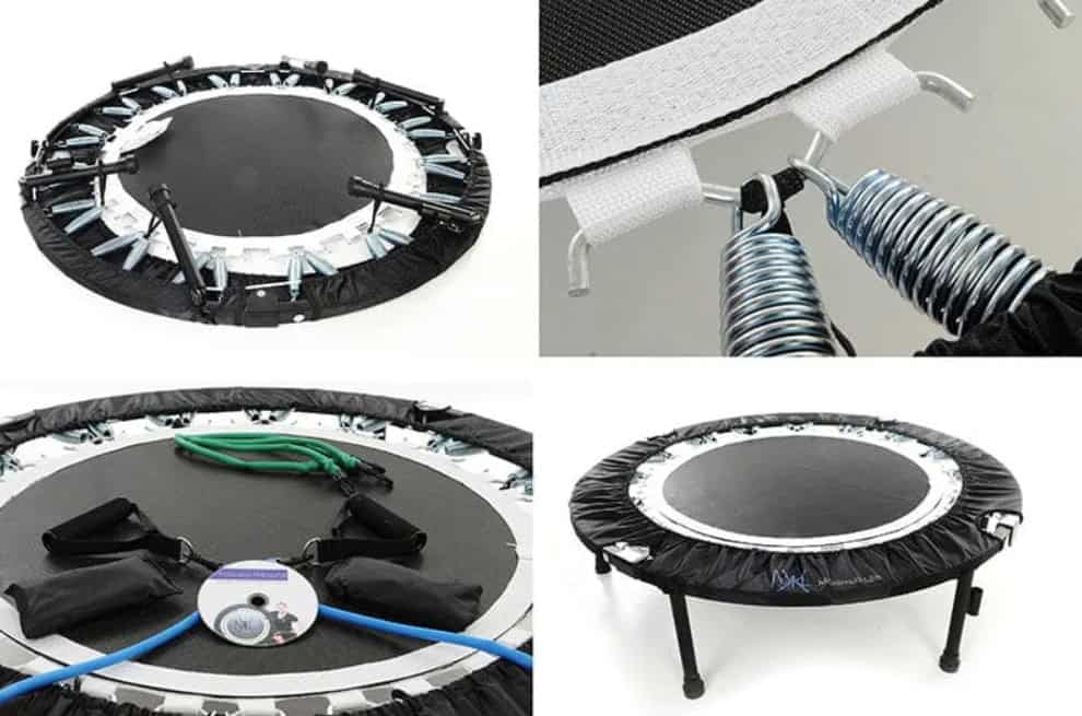 Vier Ansichten schwarzes Fitness-Trampolin mit Federn, Gummibändern und Sicherheitsaufhängung